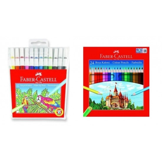 Faber Castell  Kuru Boya Tam Boy 24 Renk + Faber Castell 12'li Keçeli Kalem 