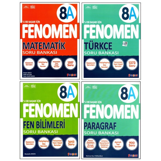 Fenomen 8. Sınıf LGS Matematik(A)+Fen(A)+Türkçe(A)+Paragraf(A) Soru Bankası 4 Kitap