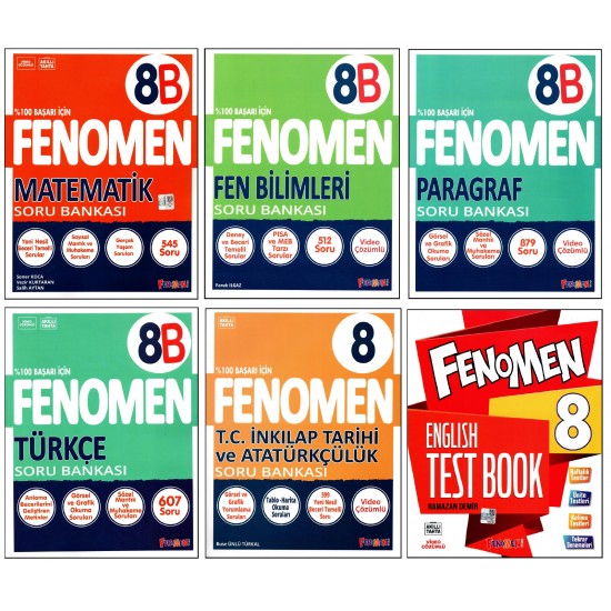 Fenomen 8. Sınıf LGS Matematik(B)+Fen(B)+Türkçe(B)+Paragraf(B)+İnkılap+İngilizce Seti 6 Kitap