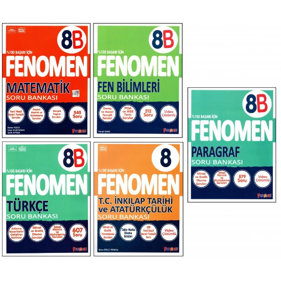 Fenomen 8. Sınıf LGS Matematik(B)+Fen(B)+Türkçe(B)+Paragraf(B)+İnkılap Tar.Soru Bankası 5 Kitap