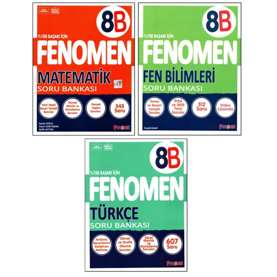 Fenomen 8. Sınıf LGS Matematik(B)+Fen(B)+Türkçe(B) Soru Bankası 3 Kitap