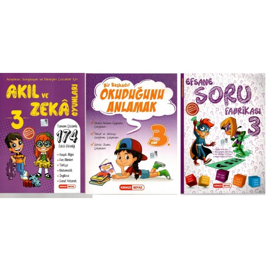 Kırmızı Beyaz 3. Sınıf Okuduğunu Anlama+Soru Fabrikası+Akıl ve Zeka 3 Kitap