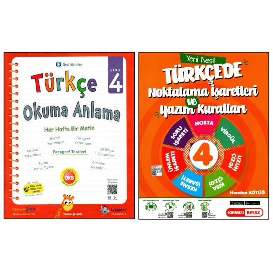 Üçgen+Kırmızı Beyaz 4. Sınıf Okuma Anlama+Noktalama İşaretleri & Yazım Kuralları 2 Kitap